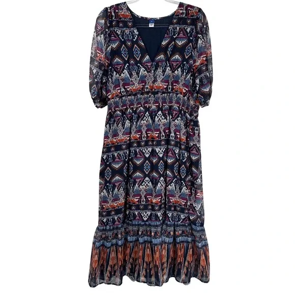 Old Navy | Dresses | Old Navy Tiered Midi Dress Womens Xl Blue Aztec Print  Polyester Lined Pockets | Poshmark